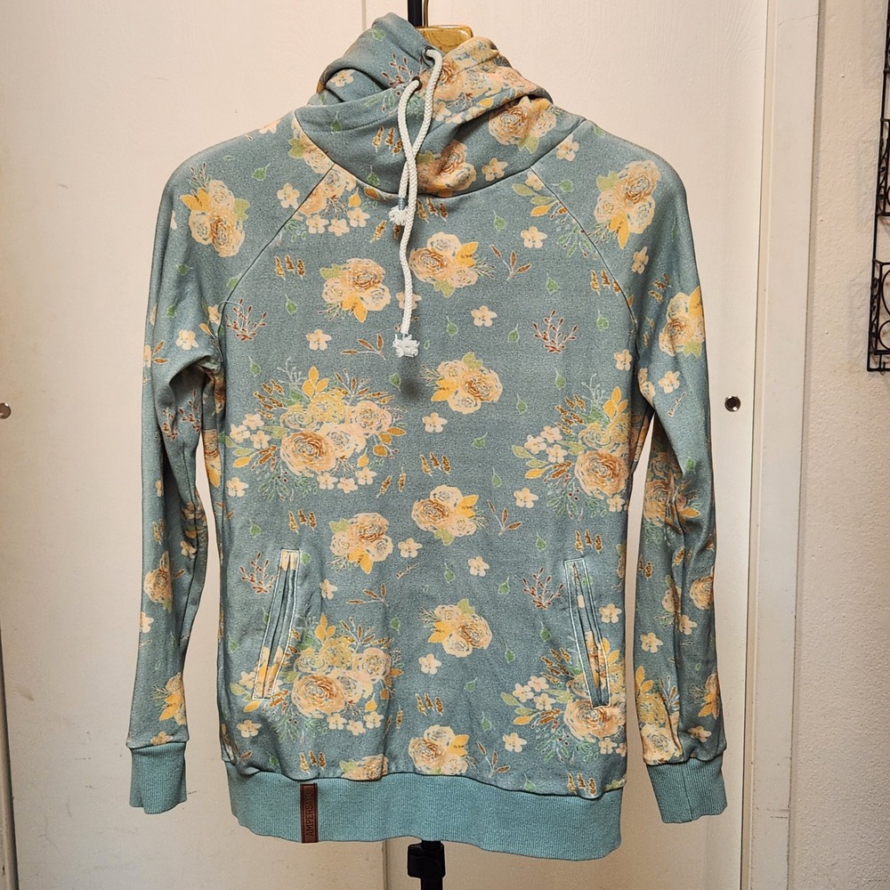 AMPERSAND Floral Cowl Neck Hoodie Sweatshirt Women Sage Green Peach Roses Size S